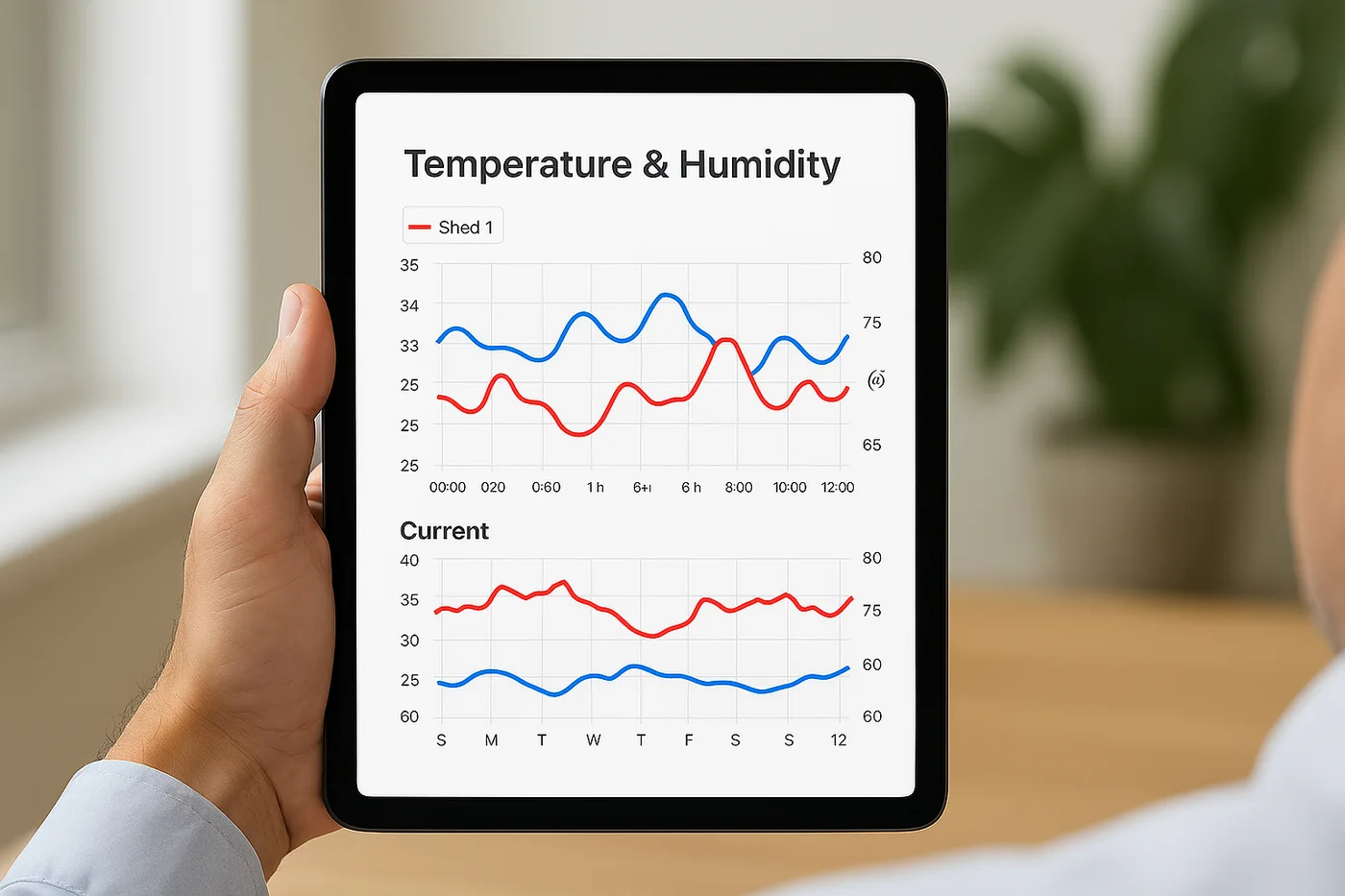 Illustrative temperature and humidity monitoring dashboard on a tablet
